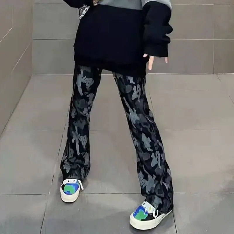 Camouflage Print Wide-Leg Casual Pants Spring Autumn Loose Denim Female Clothing American Button Hip-hop Retro Bootcut Trousers