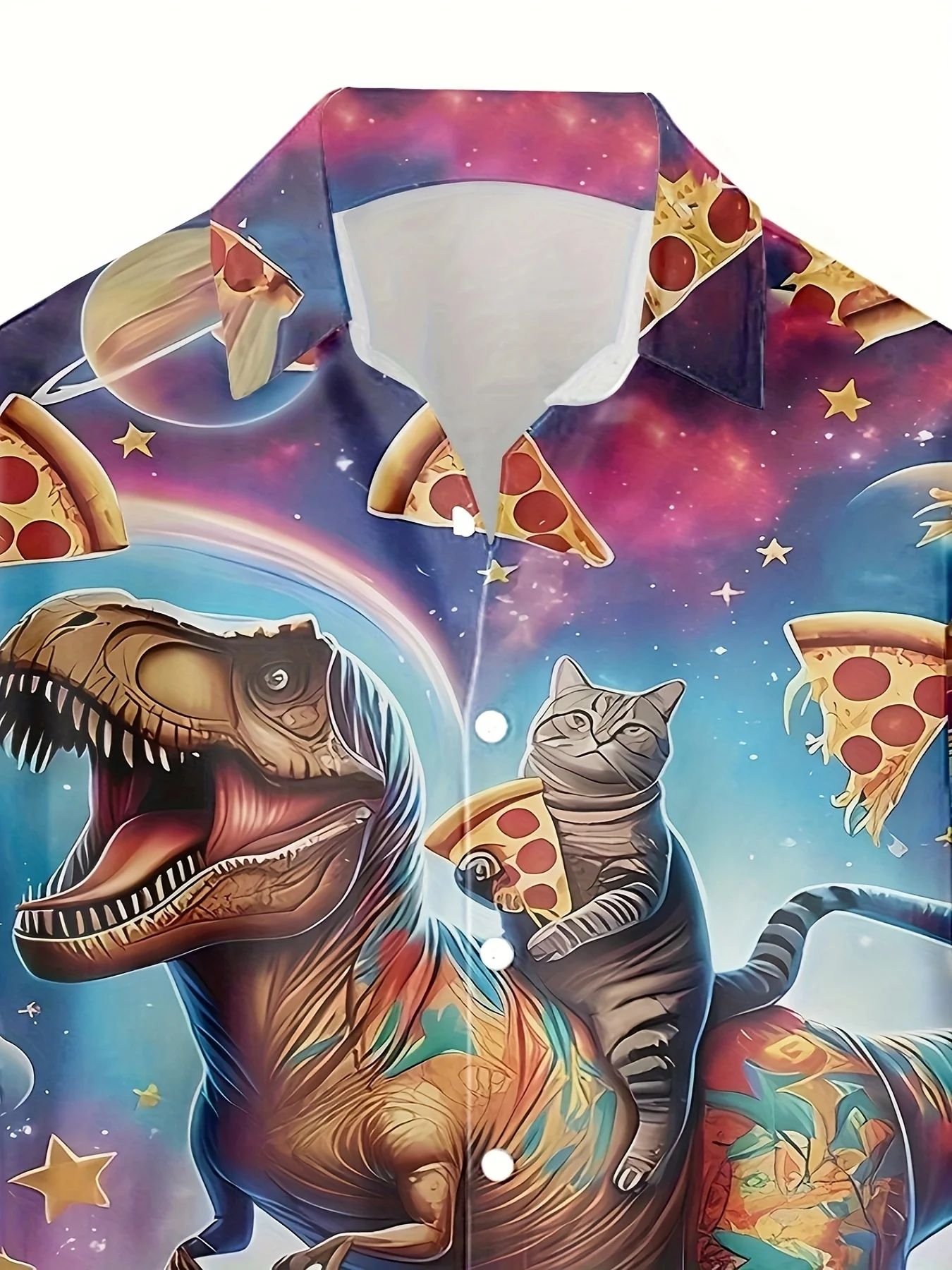 

3D Print Shirt Featuring a Cat Dinosaur Pizza Design for Men, Perfect for Casual, Unique,Streetwear, Hawaiian Style