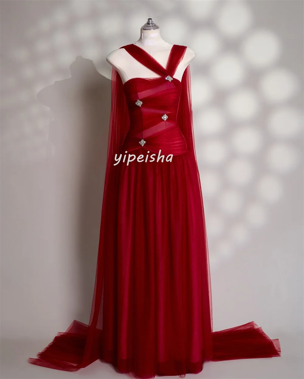 تخصيص الطراز الحديث الأزياء تول حجر الراين الطية ألف خط واحد الكتف فساتين طويلة مخصص فساتين المناسبات الأحجام المتاحة #5