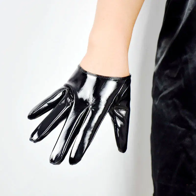 16 cm 6 Zoll extra kurze Handschuhe aus Kunstleder, PU, glänzend, schwarz, Cosplay, für Männer und Frauen, Mädchenmode, Touchscreen, empfindlich – Detail 2