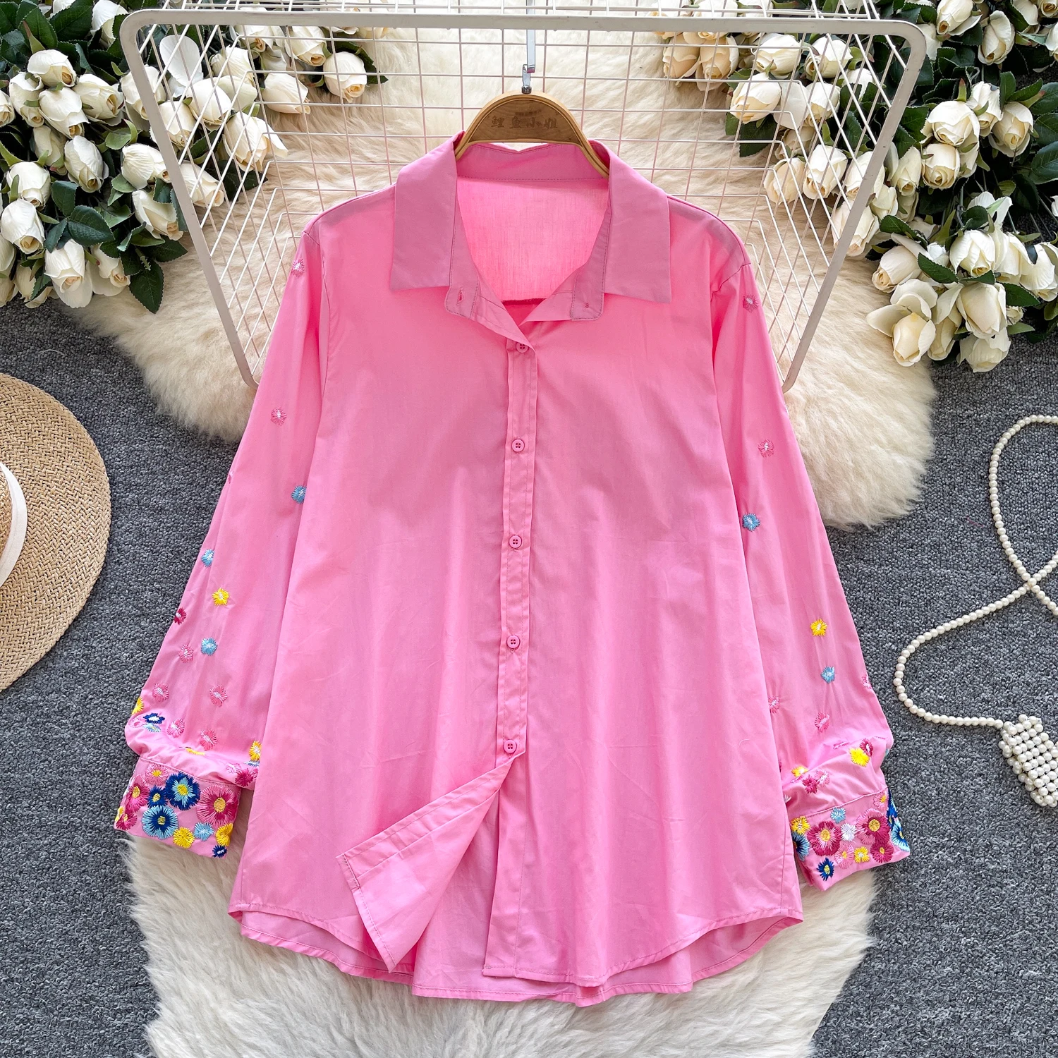 

Vintage Elegant Embroidered loose button Blouse Fashion Shirt Chic Top hotsweet Fairy Summer Women Shirt
