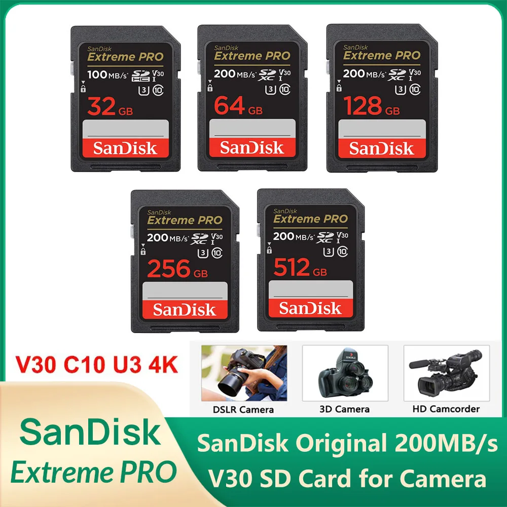 بطاقة SanDisk SD بطاقة Extreme PRO SDXC UHS-II 32GB 64GB 128GB 256GB بطاقة الذاكرة بطاقة فلاش بحد أقصى 200 برميل/الثانية للكاميرا 4K UHD فيديو