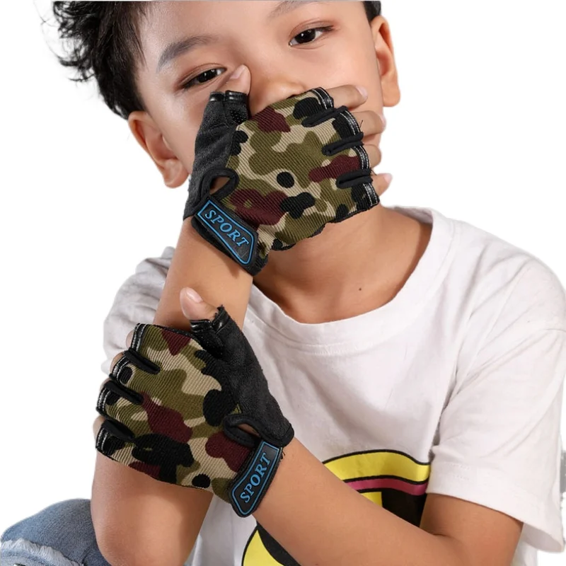 Guantes deportivos de camuflaje para niños y niñas, guantes de medio dedo para montar en bicicleta, correr, deportes al aire libre, 1 par