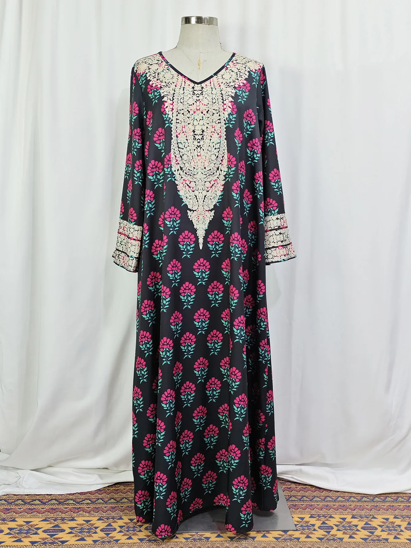 Eid vestido de festa para mulheres muçulmano abaya manga longa jalabiya impressão flor ramadan vestidos longos vestidos largos árabe longo robe