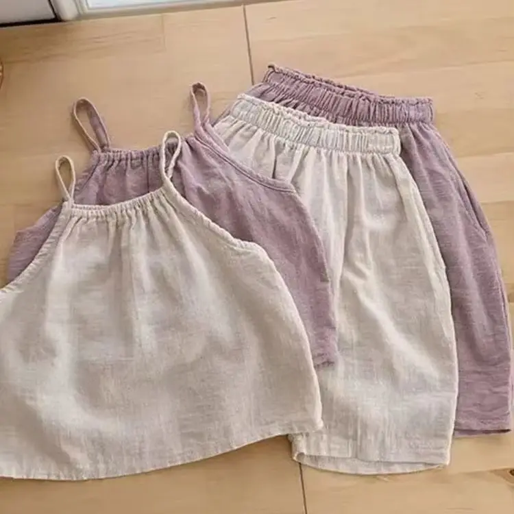 TZ2443 Baby Girl Summer New Simple Design Cotton and Linen Solid Suspender Top Loose Wide-Leg Trousers Holiday Casual Two-Piece