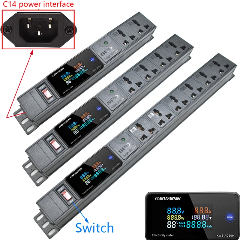 PDU Power Strip With Switch 2/3/4/5/6/7/8 Universal Socket Digital Ampermeter Power Energy Voltmeter Ammeter C14 interface