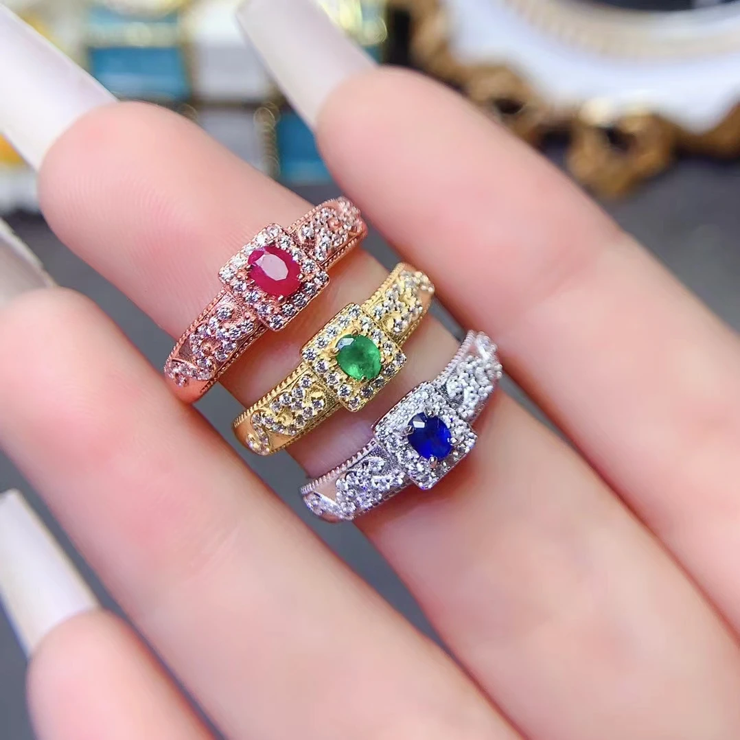 Cute 925 Silver Gemstone Ring for Young Girl 3mm*4mm 100% Natural Emerald Sapphire Ruby Ring with Thick Gold Plating