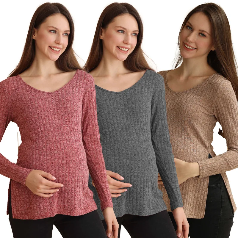 

New Solid Color V-neck Long-sleeved Maternity Tops Fashion Bottoming Shirt Top Loose Slits Warm Pregnant Clothes