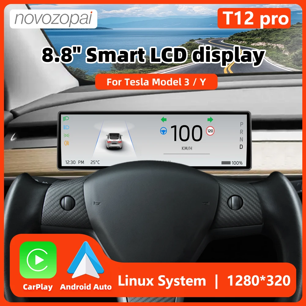 Novozopai-Écran de carte Prada T12 Pro pour les placements, système d'exploitation Linux automobile, Carplay sans fil Highland, Android Auto, modèle Y, 3, Y, 8.8 pouces