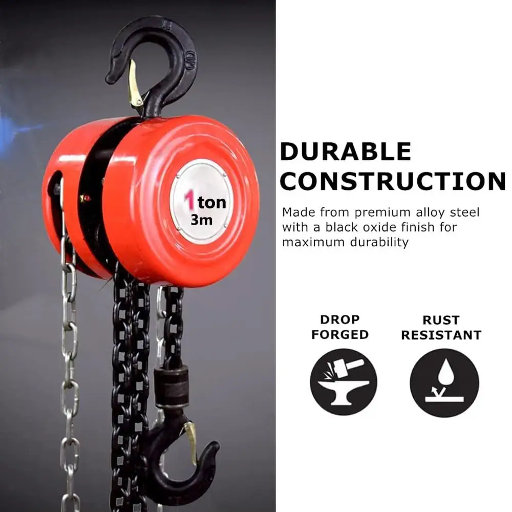 1 Ton/2000 lbs Capacity Manual Chain Hoist 10’ Lift Steel Block Hoist 1T-Red Safety Brake Stable Rotation Heavy Duty Hooks