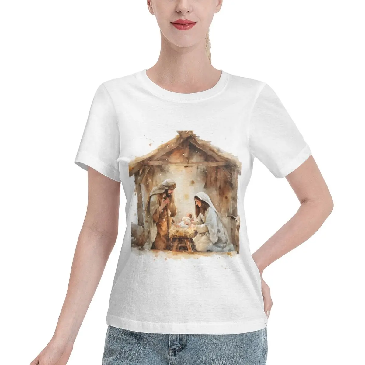 Long Lasting Mary Joseph Jesus Christian Christmas Nativity Bethlehem Holy Family Women's T-shirt Work Wear Vintage Women Top