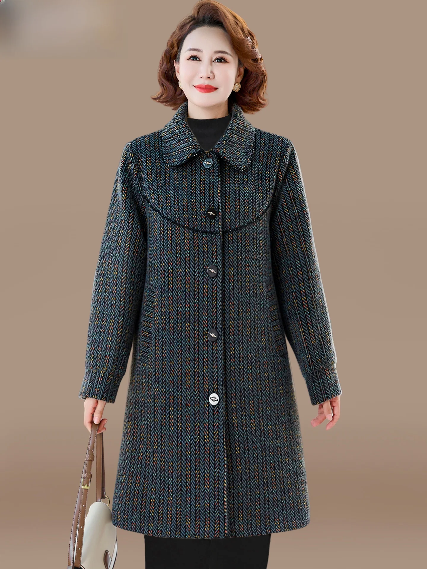 

Warm Woolen Coat for Women over 50 Mid-Length Faionable Casual Sle Polyester Fiber Straight Hem Open Cardigan Design