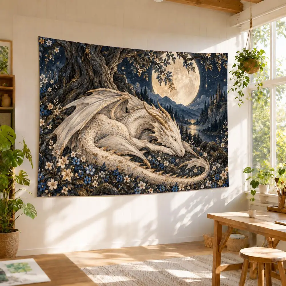 Sleepy Dragon Enchanted Forest Tapestry Durable Soft Microfiber Horizontal Wall Hanging Decor For Bedroom Patio Garden Parties