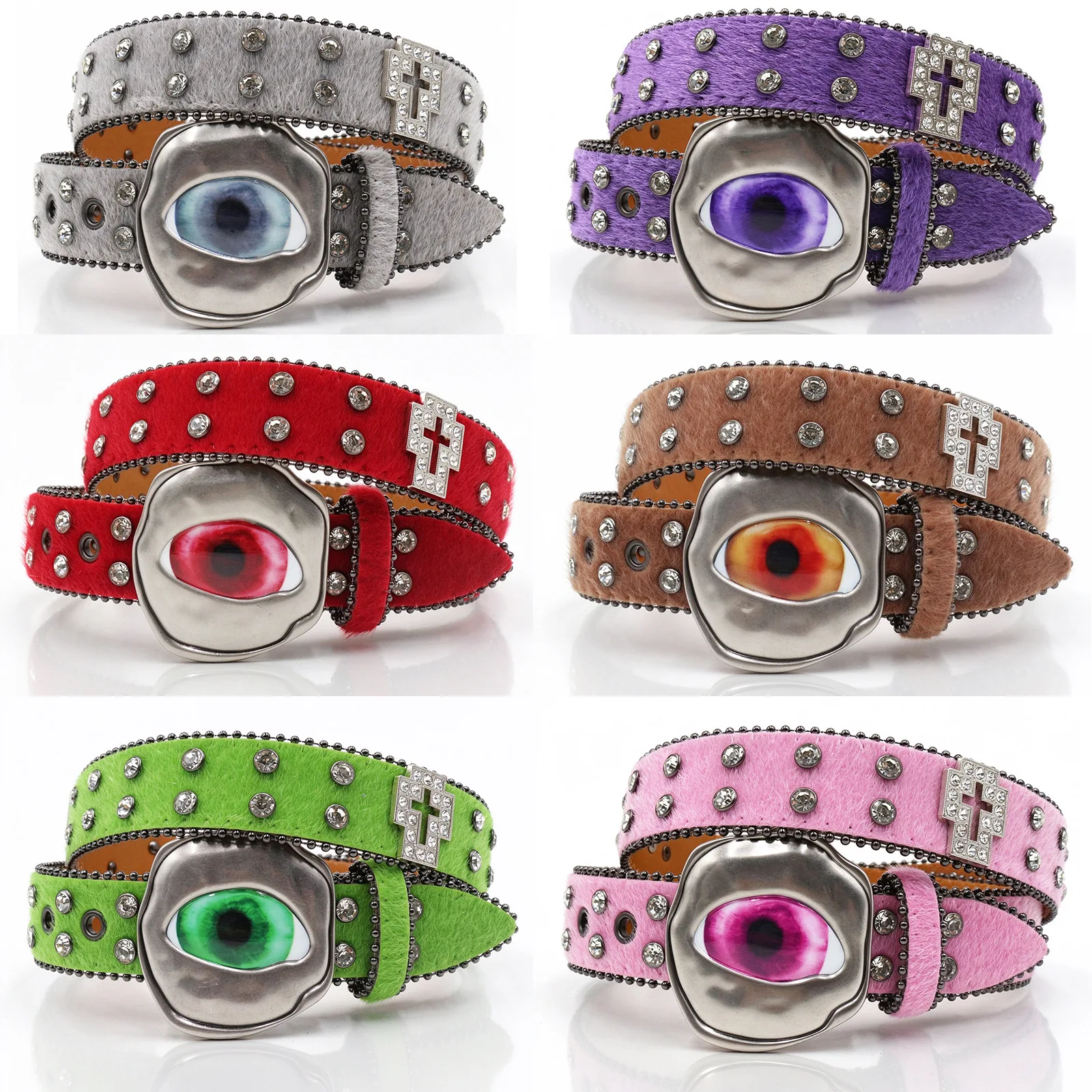 Fashion Punk Rivet Belt Novelty Eyeball Metal Cross Buckle Rhinestone Studded Pu Leather Waistband Women Men