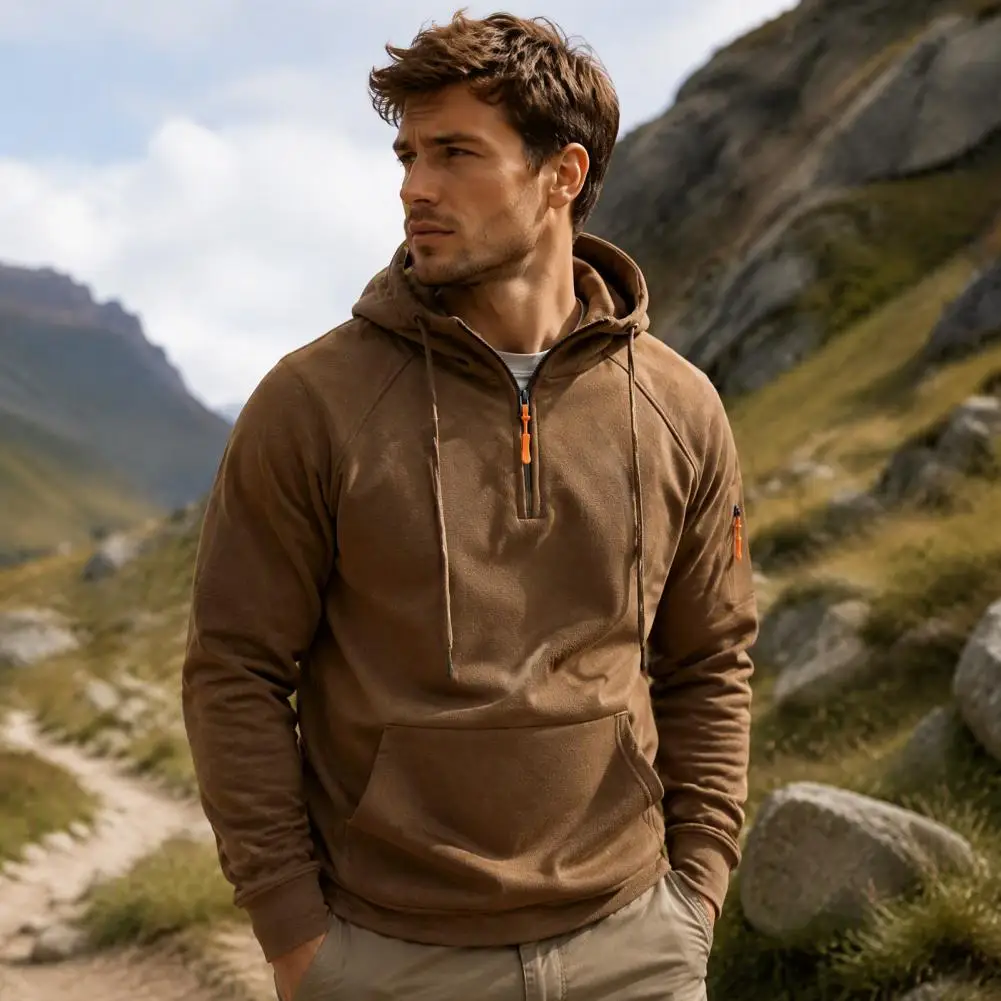 Men's Quarter Zip Up Hoodies, Long Sleeve Hooded Sweatshirt, Casual Fall Pullover Fitness Streetwear with Front Pocket