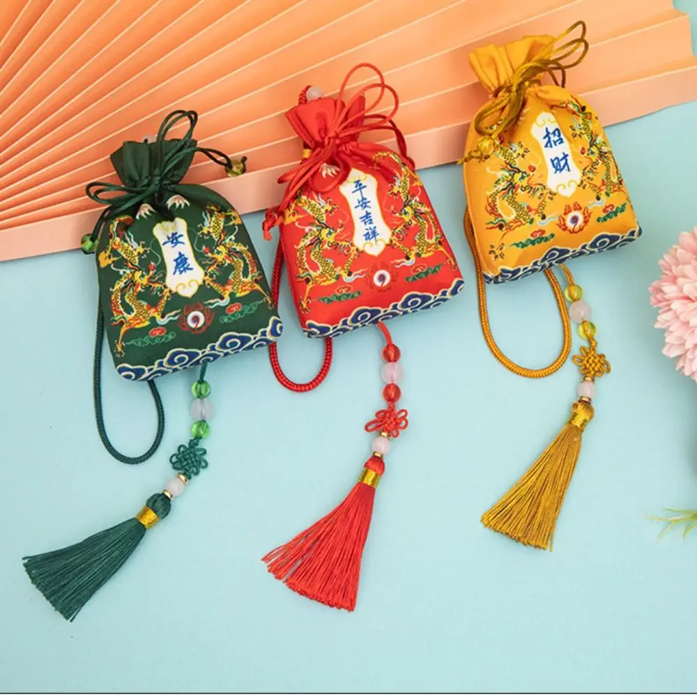 Dragon Year Lucky Bag Sachet Chinese Style Printing Tassel Small Pouch for Filled Fragrant Herbs Bundle Pocket