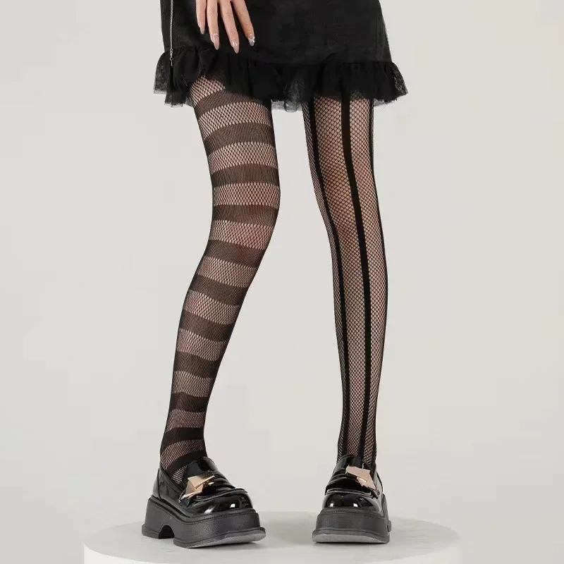 Stripe Asymmetric Tights Women's Pantyhose High Elasticity Lace Hollow Fishnet Sexy Stockings Classic Ladies Gothic Pantyhose