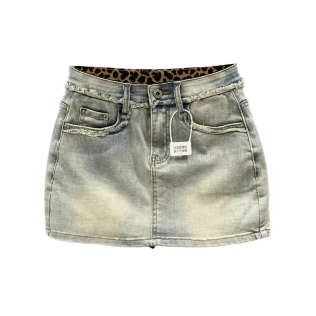 [ZOCI] Personalized Leopard Print Spliced Denim Short Skirt Women Summer, Mid to High Waist, Slim Fit Slimming, Girl