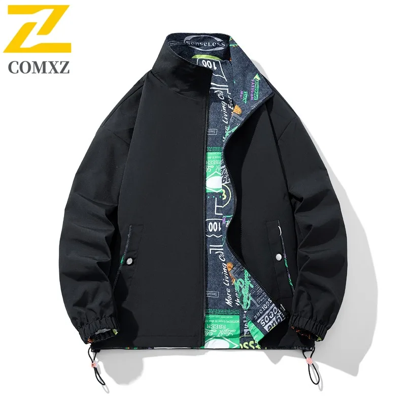 Men's Reversible Baseball Jacket American Style Stand Collar Lightweight Waterproof Windbreaker Spring Casual Sports Outerwear