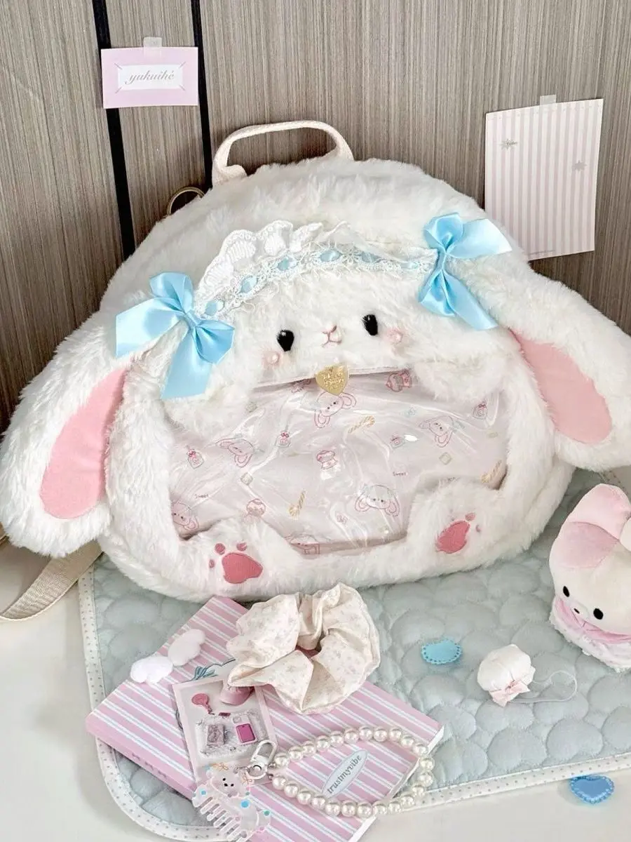 

New Lolita White Rabbit Plush Backpack Double Shoulder Pain Relief Transparent JK School Bag Youth Casual Fashion Soft Polyester