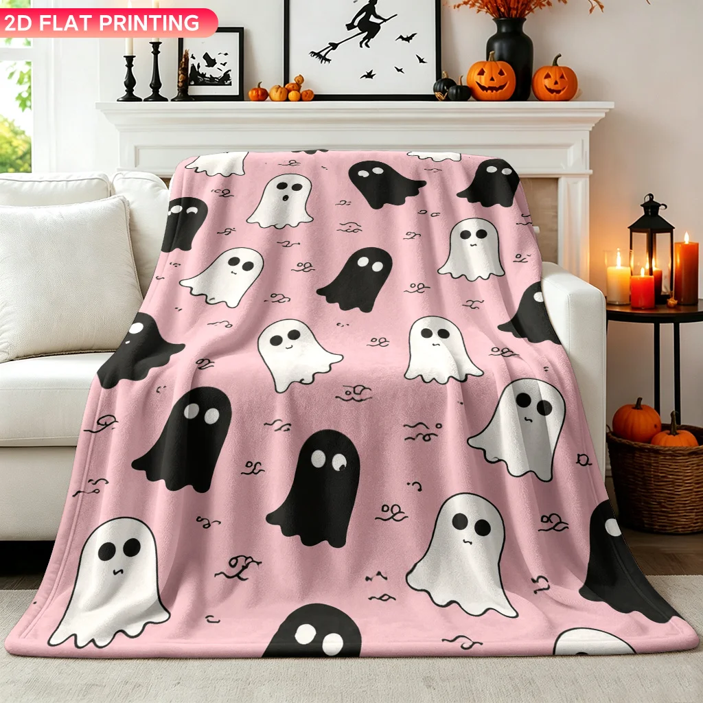 Flannel Blanket 1pc, Pink Ghost Pattern, Soft Air Conditioning Blankets, Office Sofa Blankets, Nap Blankets, Camping Blankets, Perfect for a Short Getaway; Makes a Great Christmas Gift for Family, Friends, And Classmates