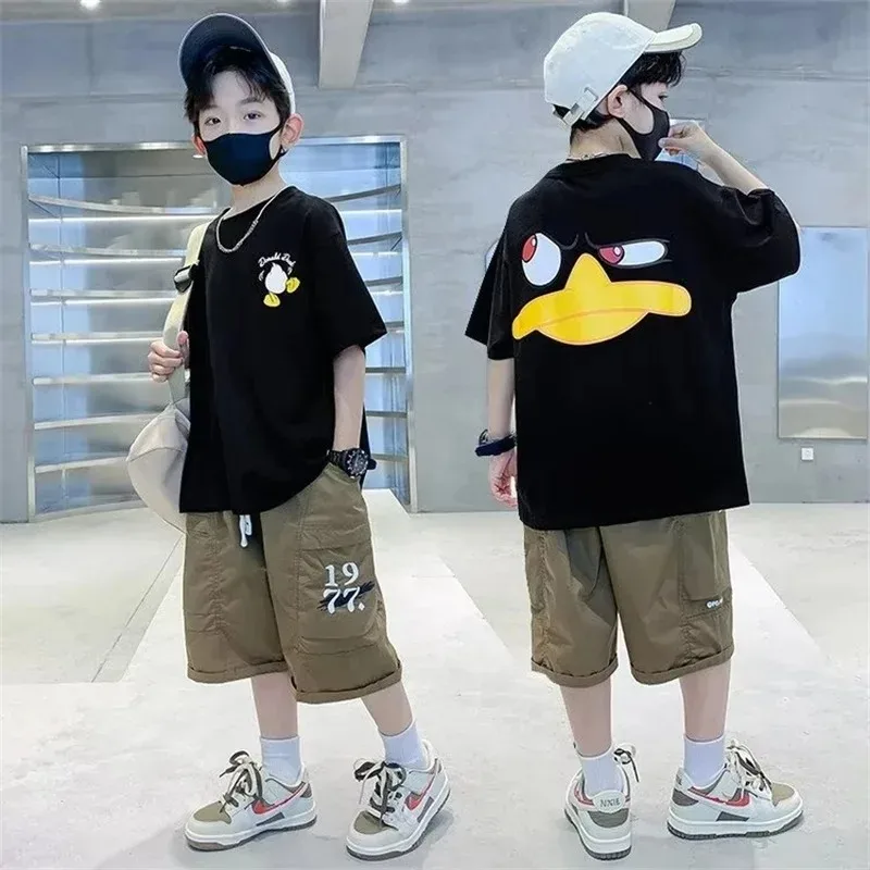 2024 Summer Kids Streetwear Interest Cartoon Print T Shirt 100% Cotton Tops Tees Children Short Sleeve Boys Girls Clothes