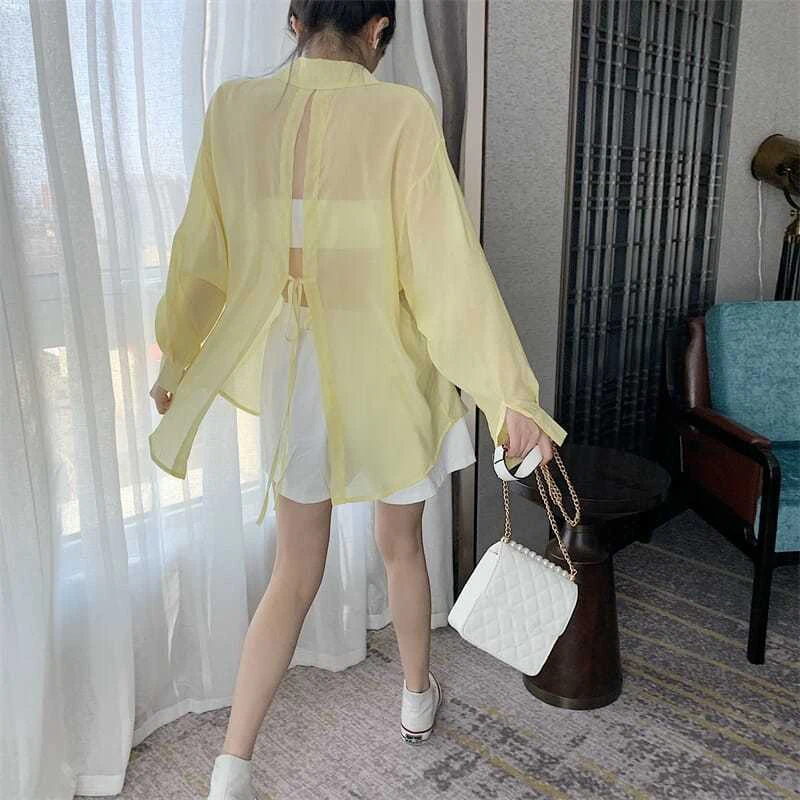 Summer Sun Protection Shirt Women Elegant Chic Loose Lace Up Blouses Korean Fashion Harajuku Long Sleeve Thin Tops Ladies New