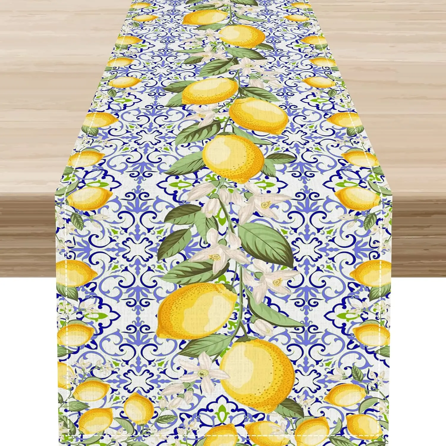 Summer Lemon Fruit Blue Tiles Linen Table Runner Dress Scarv