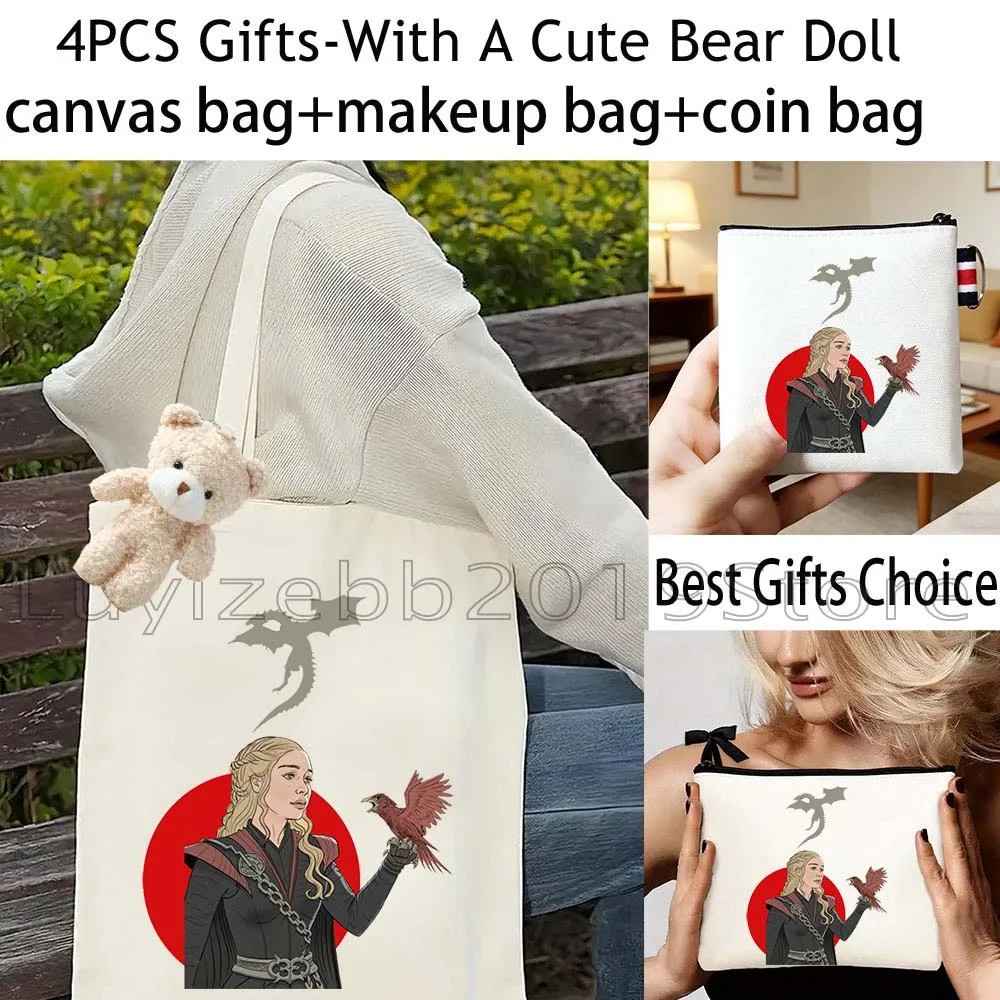 4PCS Gift Dragons Print Large Capacity Canvas Tote Bag Shoulder Handbag,Cosmetic Makeup Toilet Bag,Coin Purse Key Wallet Pouch