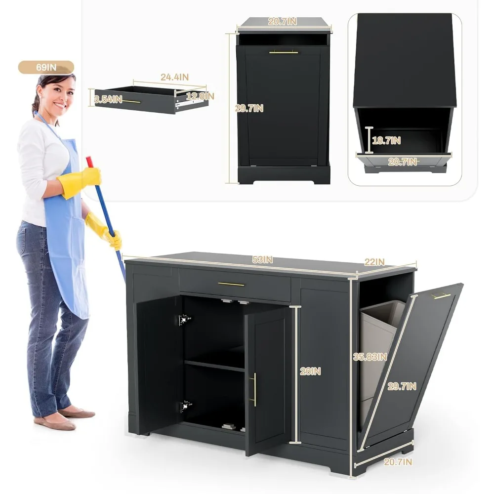 ชุดครัวแบบเกาะกลาง 53 พร้อมที่เก็บของ, รถเข็นครัวพร้อมที่ใส่ถังขยะแบบเอียงได้และท็อปไม้เนื้อแข็ง, โต๊ะอาหารเช้าพร้อมชั้นวางด้านข้าง 3 ชั้น