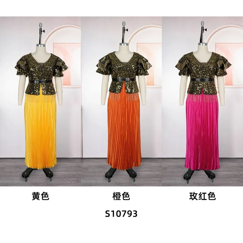 케수 플러스 사이즈 아프리카 여성용 스팽글 롱 맥시 드레스 반팔 브이넥 우아한 밑단 주름 빅 스윙 파티 드레스 두바이