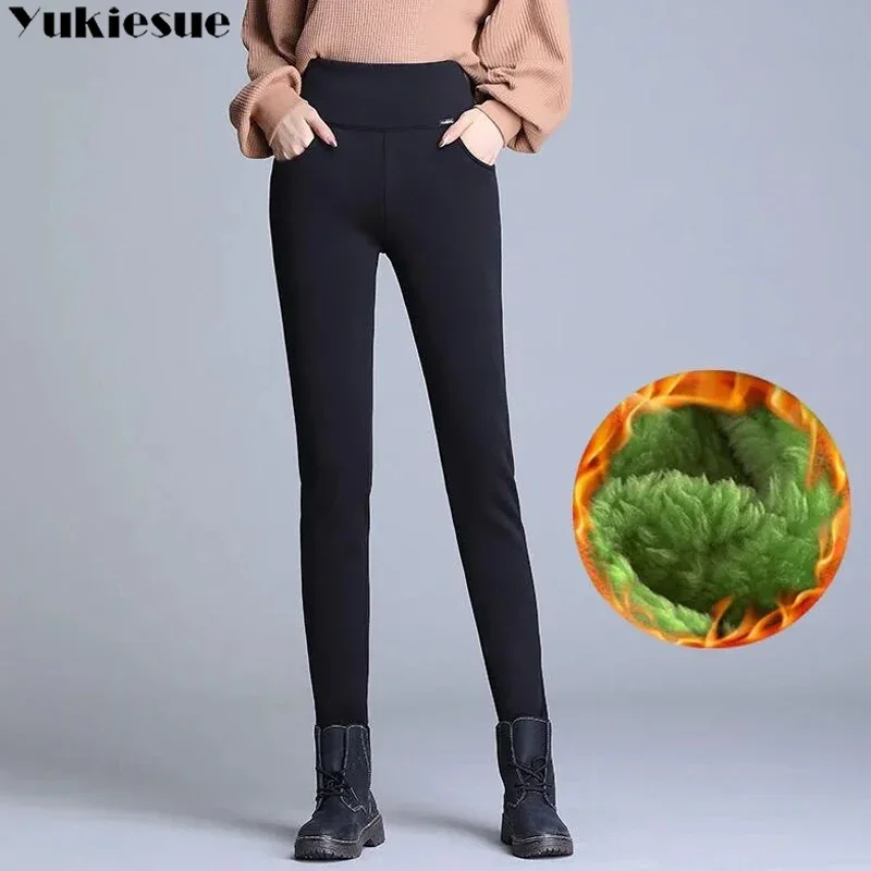 Warm Women Pants Winter Skinny Thick Velvet Wool Fleece Leggins Trousers Lambskin Cashmere Pants Female Leggings clothes