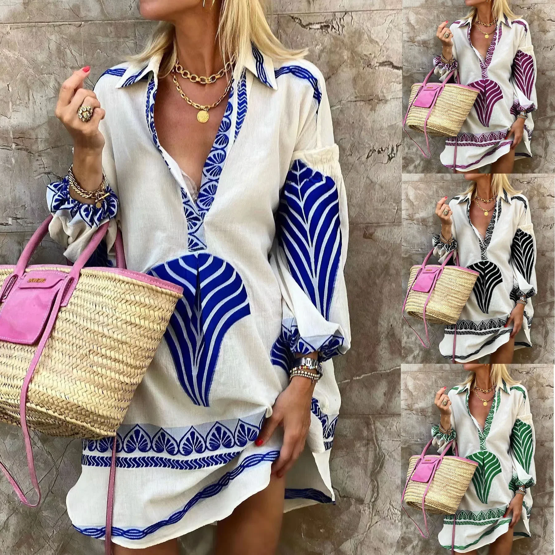 Long Sleeve V-neck Dress Summer Women Dress Casual Long Shirt Loose Ethnic Style Fashion Mini Sexy Dresses