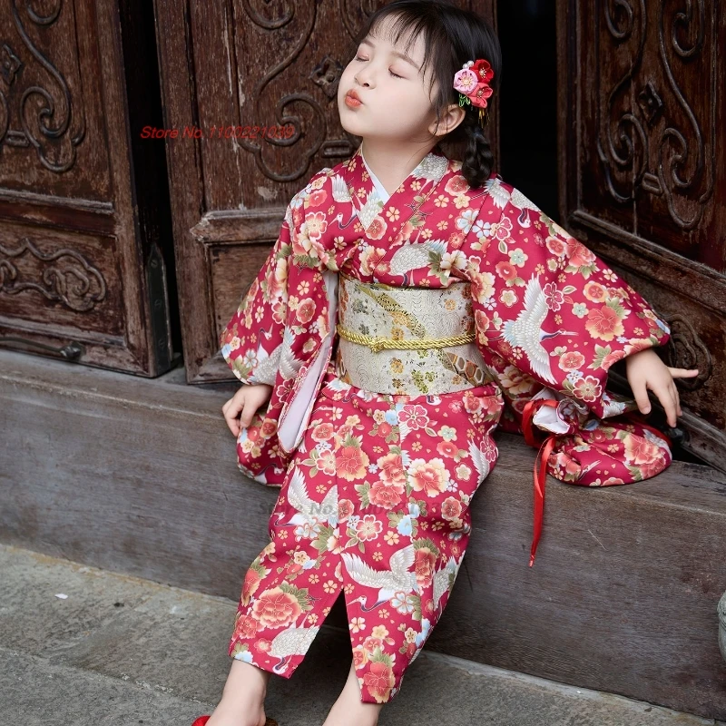 

2025 children japanese kimono dress traditional kimono robe national crane print dress girl kimono haori yukata gown folk robe
