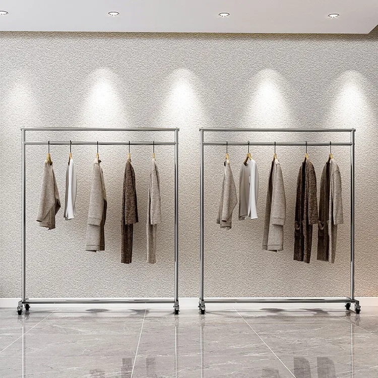 Stainless steel clothing store is hanging display racks, floor-to-ceiling movable display props with wheels, hanging