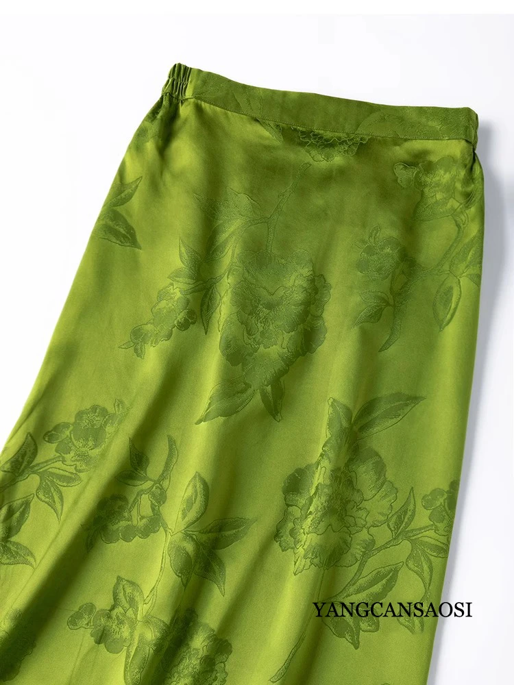 Elegant Chinese Style 100% Natural Mulberry Silk Gambiered Guangdong Gauze Green Jacquard Women's Fashionable Straight Skirt