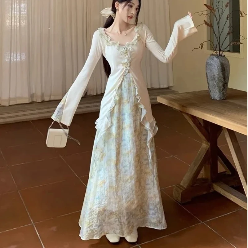 

French Ruffled Shirt 2026 Spring Elegant Floral Skirt Two-piece Set