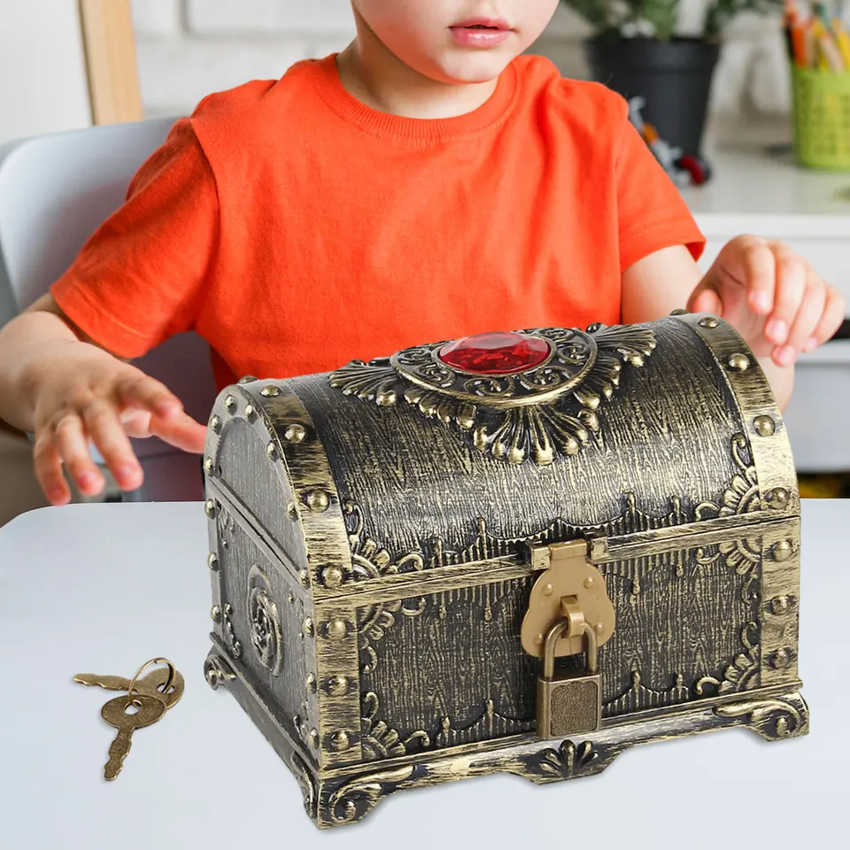 Coffre Au Trésor Doré Verrouillable Pour Anniversaire Enfant - Avec Clé Et Couvercle