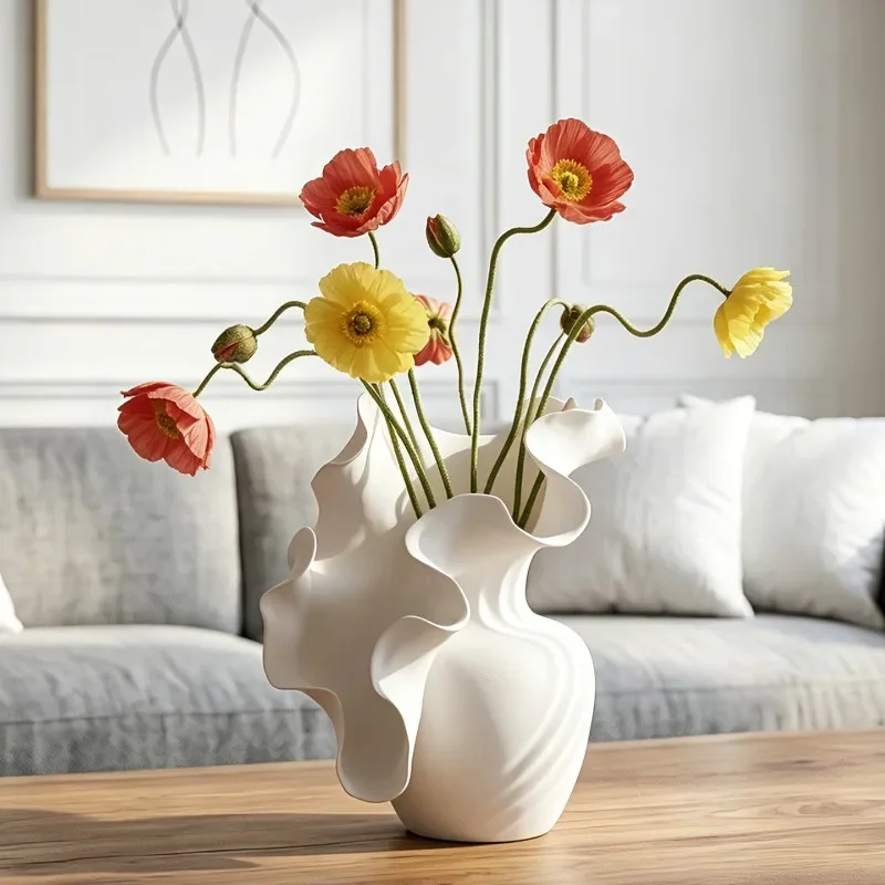 Irregular Ruffled Wave Ceramic Vase Petal Shape Flower Vase Table Centerpiece Floral Living Room Desktop Sculpture Home Decor
