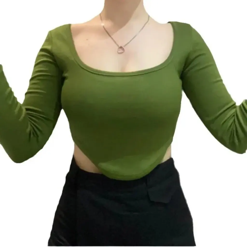 

Women's Knitted Square Collar Long-Sleeved T-Shirt Slim-Fit Cropped Top European And American Style Summer Sexy Inner Short Top
