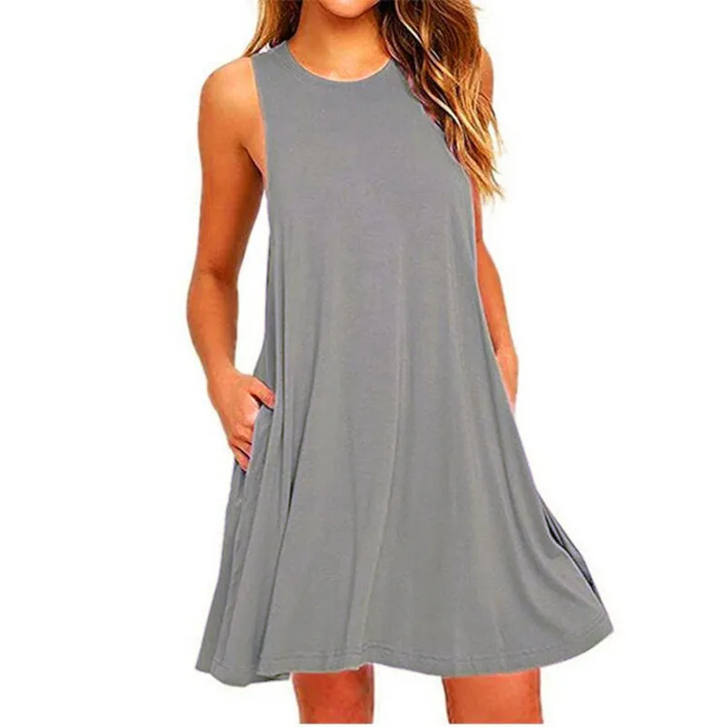 Robe d'été décontractée pour femmes, t-shirt en fibre, robes de soleil, robe de plage de vacances, robe de plage avec poches