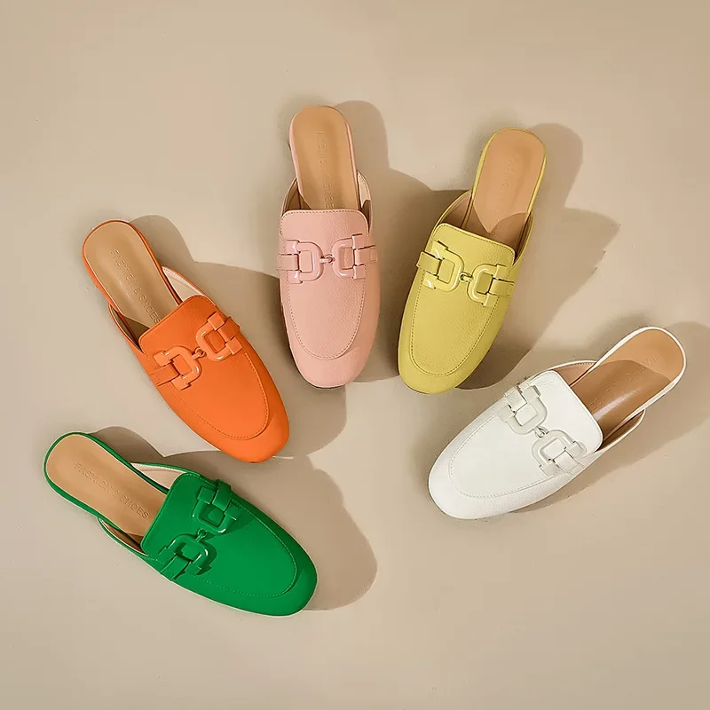 Woman Mules Fashion Design Square Toe Chains Slippers Shoes Summer Outdoor Office Wear Green Yellow Sandals Slides