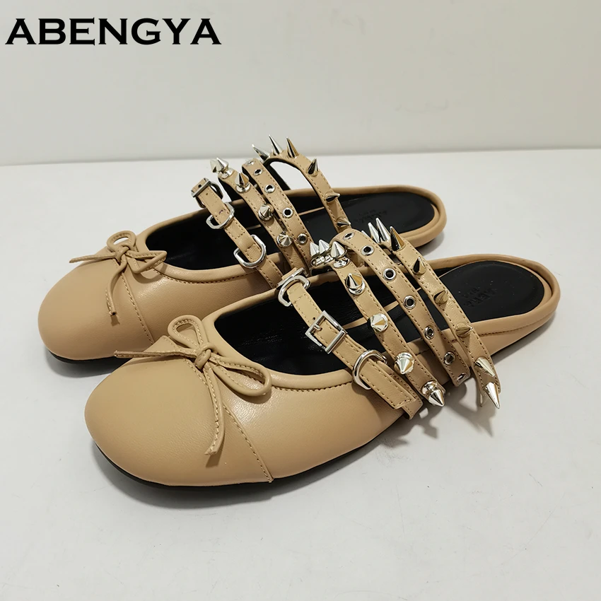 

Real Leather Slides Rivet Studded Flat Slippers Women Slip On Mules Holiday Beach Shoes For Woman Summer Sandalias Mujer 2025