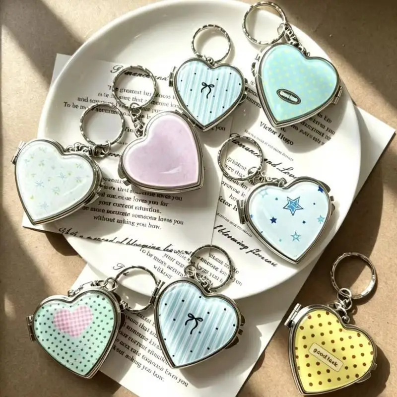 Acrylic Panel Heart Shaped Keychain Alloy Hardware Pendant Silver Tone Edging Pastel Pattern Key Ring for Best Friend Gift