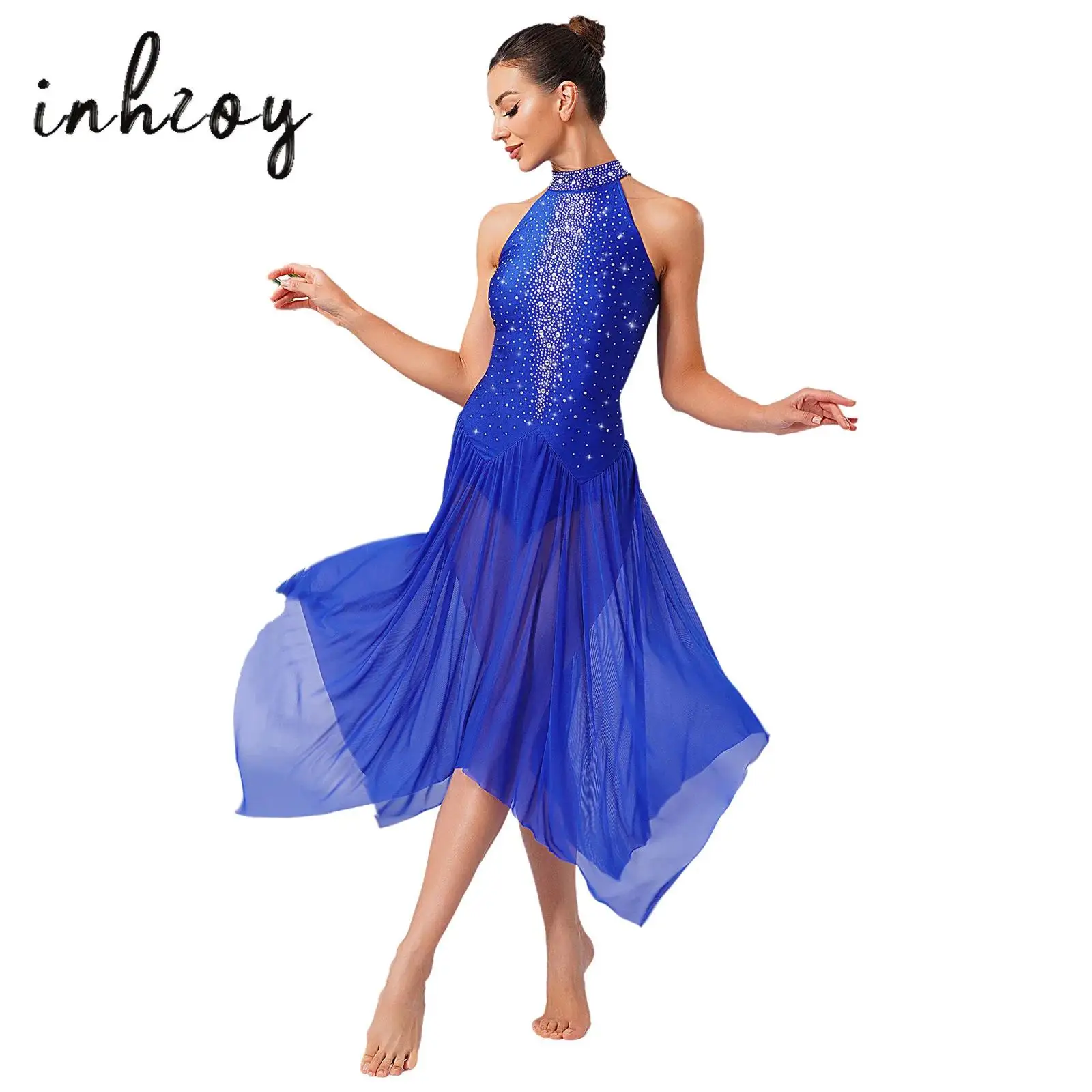 

Womens Lyrical Dance Dress Back Glittery Hollow Out Irregular Hem One Piece Leotard Dress Figure Skating Gymnastics Active Wear