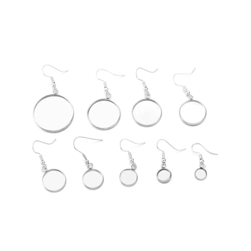 10Pcs Stainless Steel 6-25mm Flat Round Ear Hooks Earring Base Setting Cabochon Blank Bezels For DIY Jewelry Making Findings