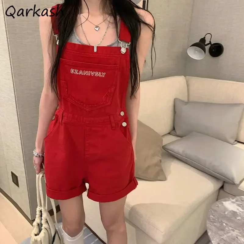 

Rompers Women Summer Red Casual Loose Hotsweet Korean Style Students Solid Denim Simple Lovely Daily All-match New Elegant Chic