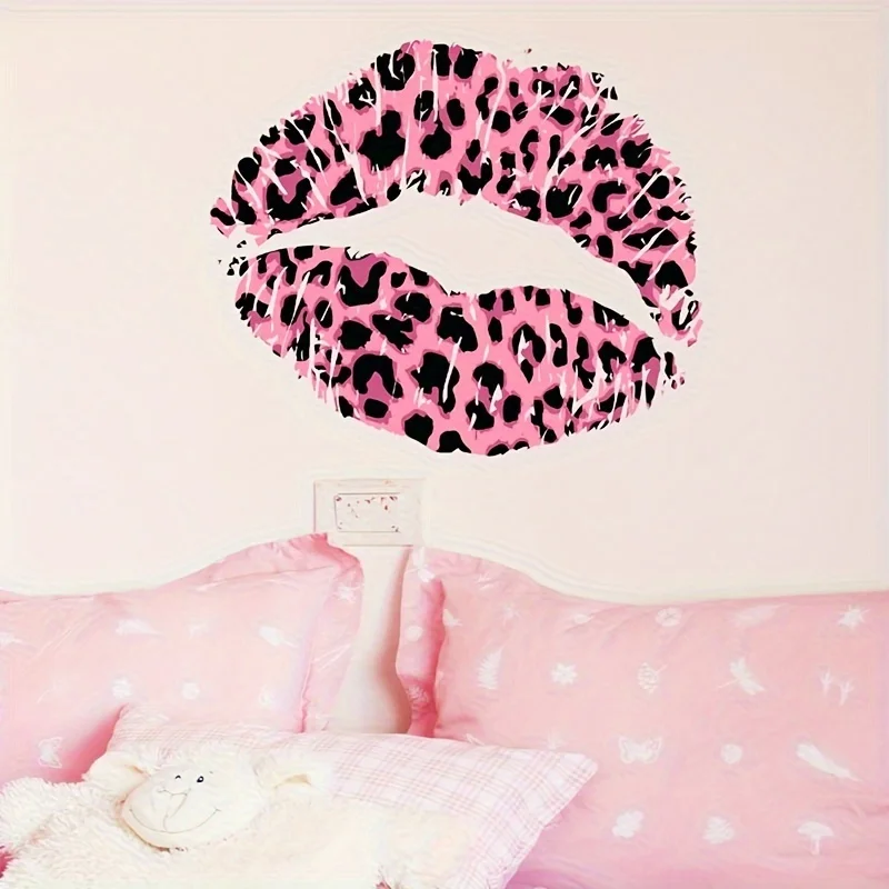 1pc Pink Leopard Print Lips Wall Decals, Suitable for Bedroom, Living Room, Vanity Room, Closet, Creative Gift for Beauty Lovers