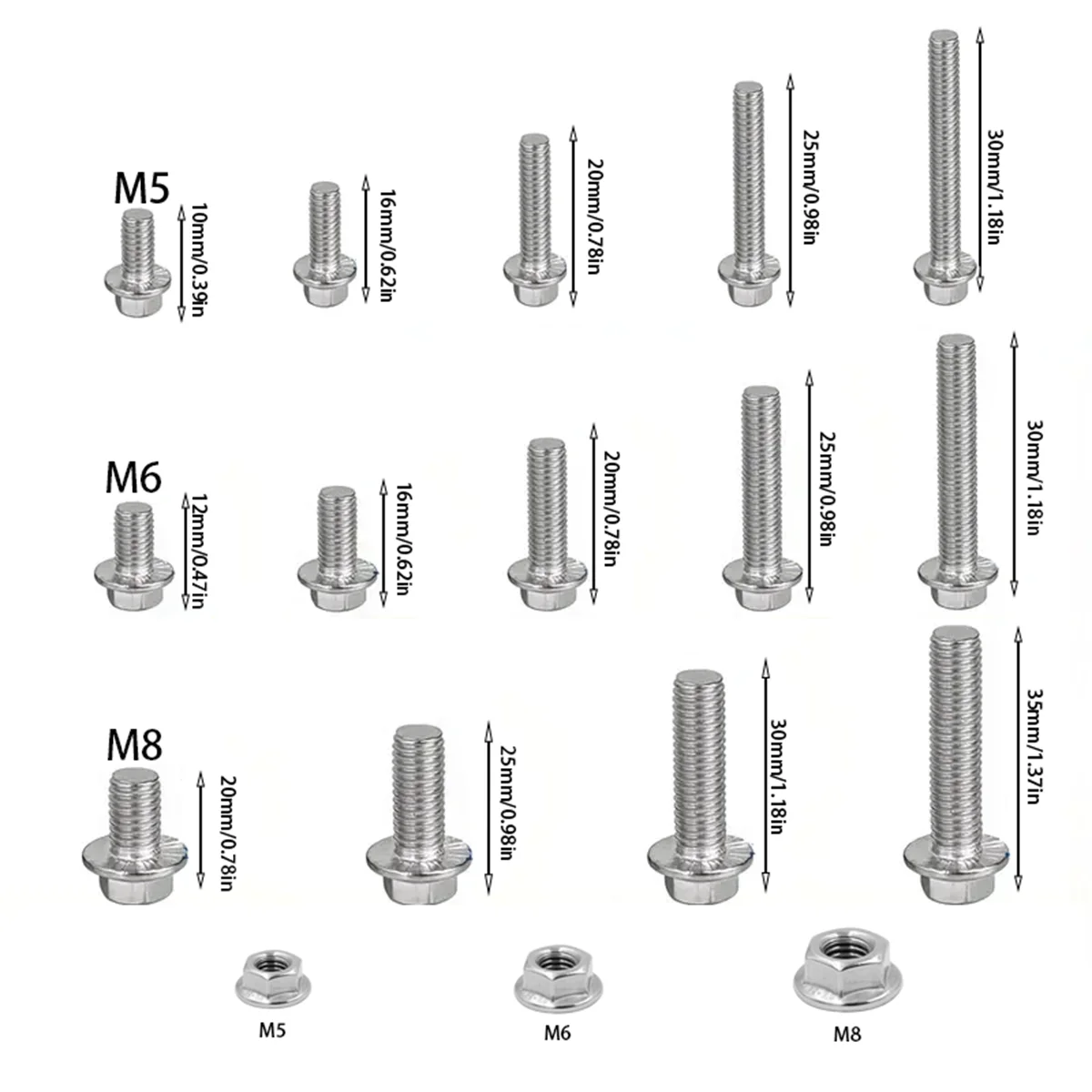 132-teiliges Sechskant-Flanschschrauben- und Muttern-Set aus Edelstahl, M5, M6, M8-Flanschschrauben und -muttern, Flanschplatte, für DIY-Projekte. – Detail 3