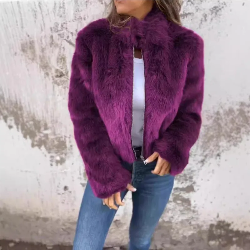 Fluffy Fake Fur Coat Women Zipper Jacket For Stand Collar Chic Velvet Winter Coat High Street Short Fur Jacket Cool Girl Jacke